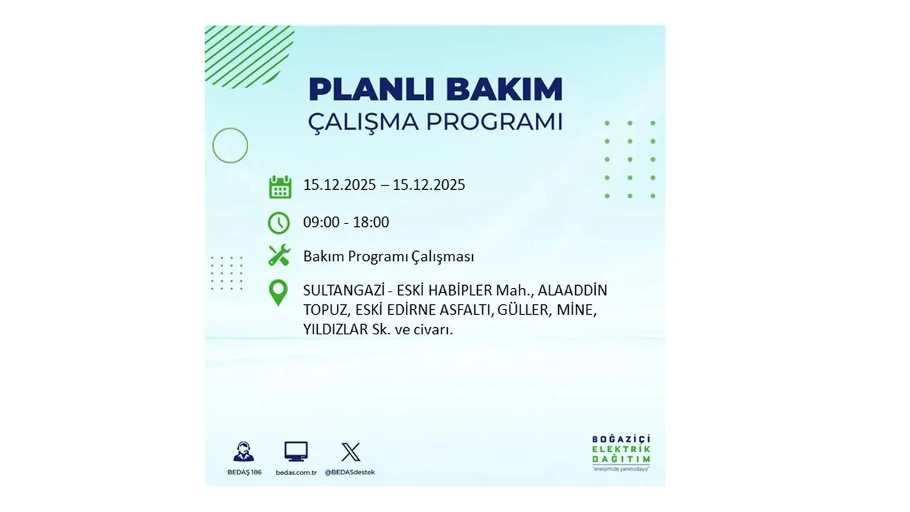 İstanbullular uyarıldı! 15 Aralık Pazartesi günü 19 ilçede elektrik kesintisi yaşanacak: Bazı bölgelerde akşama kadar elektrikler gelmeyecek