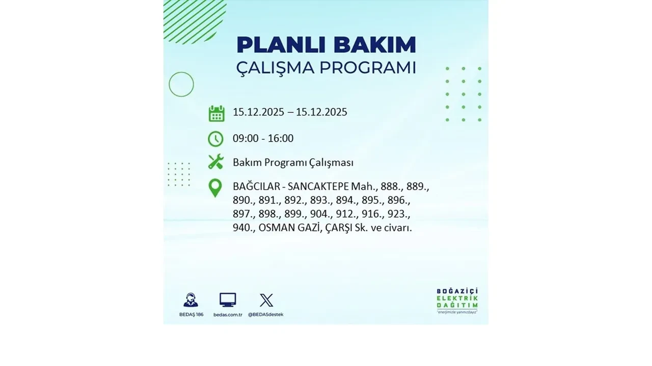 İstanbullular uyarıldı! 15 Aralık Pazartesi günü 19 ilçede elektrik kesintisi yaşanacak: Bazı bölgelerde akşama kadar elektrikler gelmeyecek