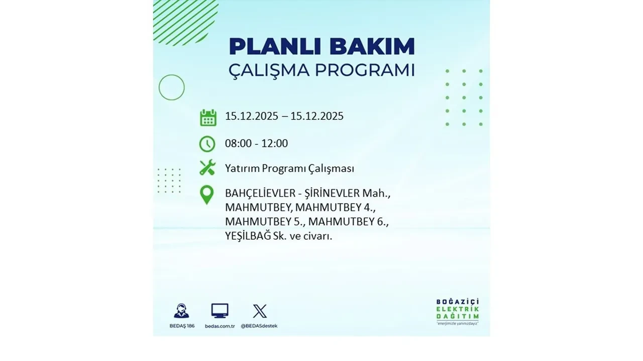 İstanbullular uyarıldı! 15 Aralık Pazartesi günü 19 ilçede elektrik kesintisi yaşanacak: Bazı bölgelerde akşama kadar elektrikler gelmeyecek