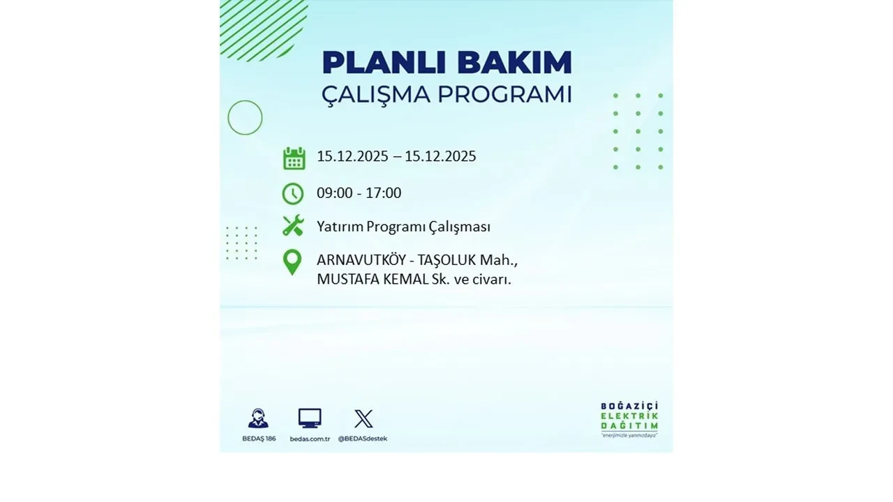 İstanbullular uyarıldı! 15 Aralık Pazartesi günü 19 ilçede elektrik kesintisi yaşanacak: Bazı bölgelerde akşama kadar elektrikler gelmeyecek