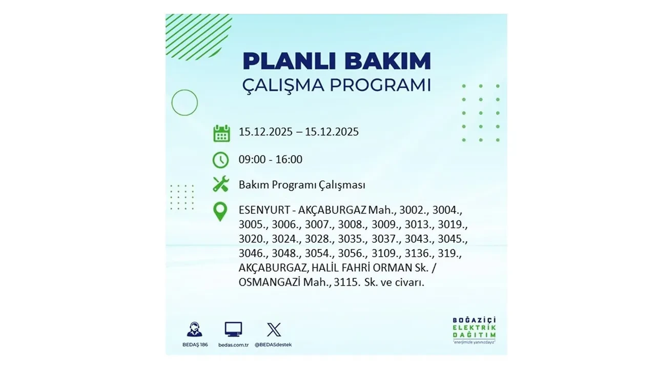 İstanbullular uyarıldı! 15 Aralık Pazartesi günü 19 ilçede elektrik kesintisi yaşanacak: Bazı bölgelerde akşama kadar elektrikler gelmeyecek