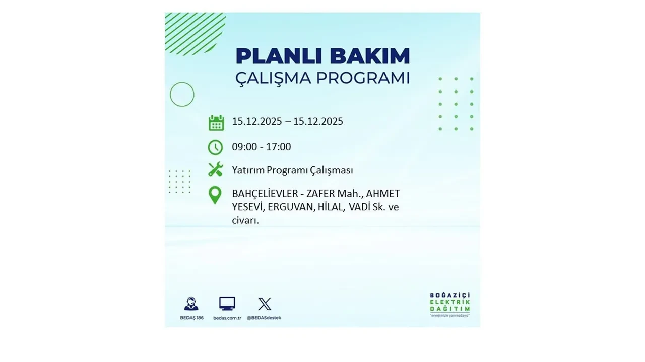 İstanbullular uyarıldı! 15 Aralık Pazartesi günü 19 ilçede elektrik kesintisi yaşanacak: Bazı bölgelerde akşama kadar elektrikler gelmeyecek