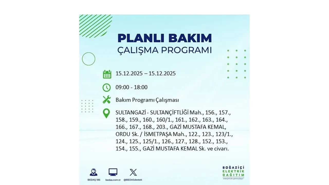 İstanbullular uyarıldı! 15 Aralık Pazartesi günü 19 ilçede elektrik kesintisi yaşanacak: Bazı bölgelerde akşama kadar elektrikler gelmeyecek