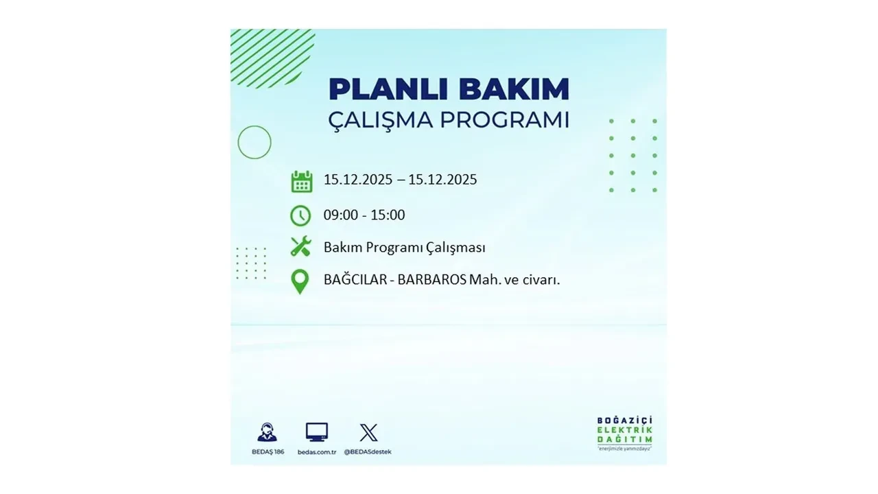 İstanbullular uyarıldı! 15 Aralık Pazartesi günü 19 ilçede elektrik kesintisi yaşanacak: Bazı bölgelerde akşama kadar elektrikler gelmeyecek