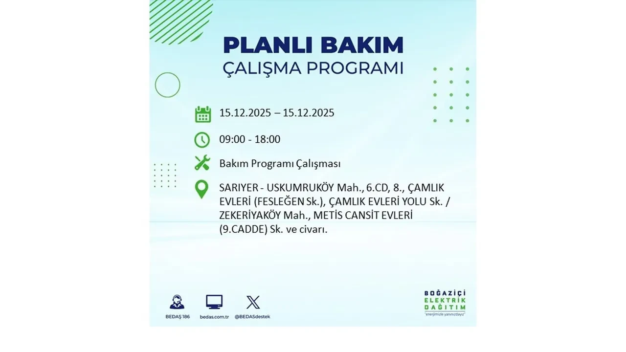 İstanbullular uyarıldı! 15 Aralık Pazartesi günü 19 ilçede elektrik kesintisi yaşanacak: Bazı bölgelerde akşama kadar elektrikler gelmeyecek