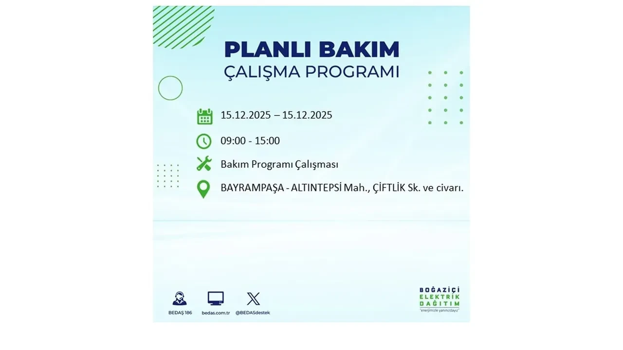 İstanbullular uyarıldı! 15 Aralık Pazartesi günü 19 ilçede elektrik kesintisi yaşanacak: Bazı bölgelerde akşama kadar elektrikler gelmeyecek