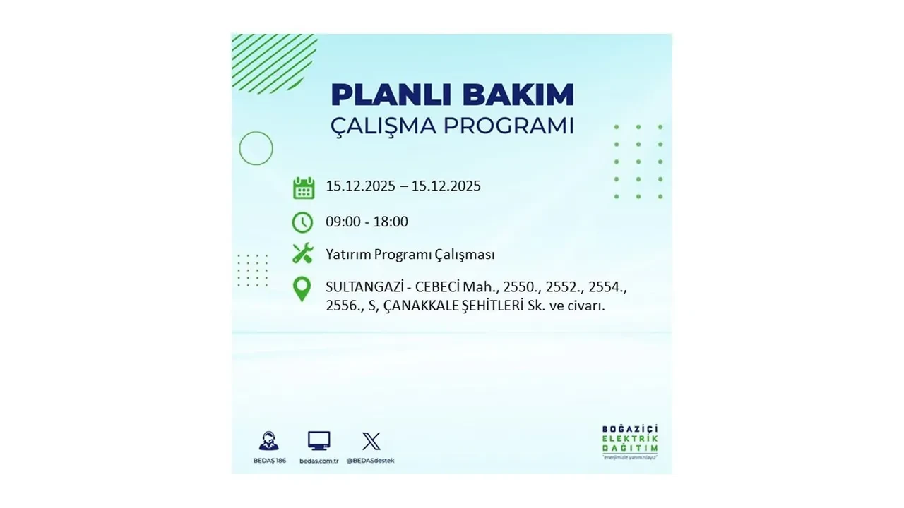 İstanbullular uyarıldı! 15 Aralık Pazartesi günü 19 ilçede elektrik kesintisi yaşanacak: Bazı bölgelerde akşama kadar elektrikler gelmeyecek