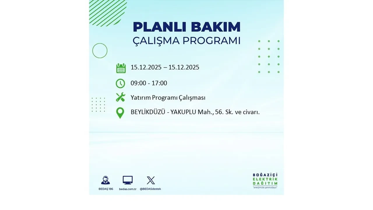 İstanbullular uyarıldı! 15 Aralık Pazartesi günü 19 ilçede elektrik kesintisi yaşanacak: Bazı bölgelerde akşama kadar elektrikler gelmeyecek