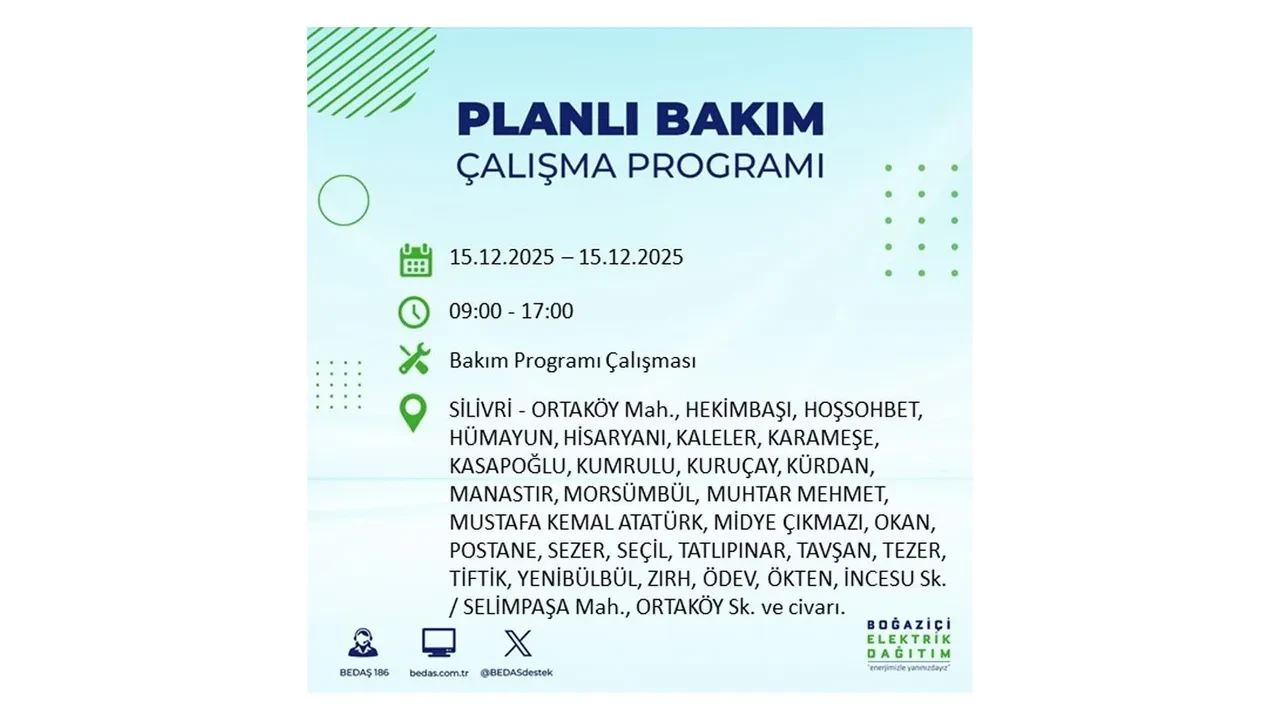 İstanbullular uyarıldı! 15 Aralık Pazartesi günü 19 ilçede elektrik kesintisi yaşanacak: Bazı bölgelerde akşama kadar elektrikler gelmeyecek