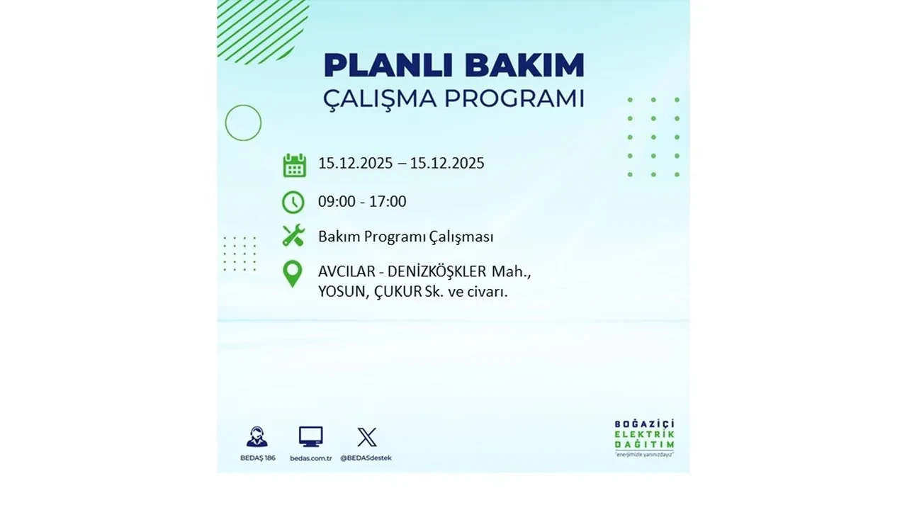 İstanbullular uyarıldı! 15 Aralık Pazartesi günü 19 ilçede elektrik kesintisi yaşanacak: Bazı bölgelerde akşama kadar elektrikler gelmeyecek
