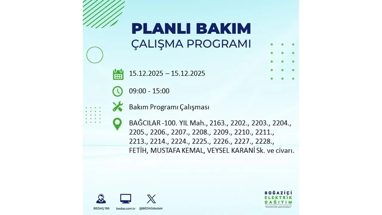 İstanbullular uyarıldı! 15 Aralık Pazartesi günü 19 ilçede elektrik kesintisi yaşanacak: Bazı bölgelerde akşama kadar elektrikler gelmeyecek