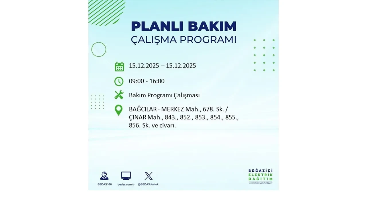 İstanbullular uyarıldı! 15 Aralık Pazartesi günü 19 ilçede elektrik kesintisi yaşanacak: Bazı bölgelerde akşama kadar elektrikler gelmeyecek