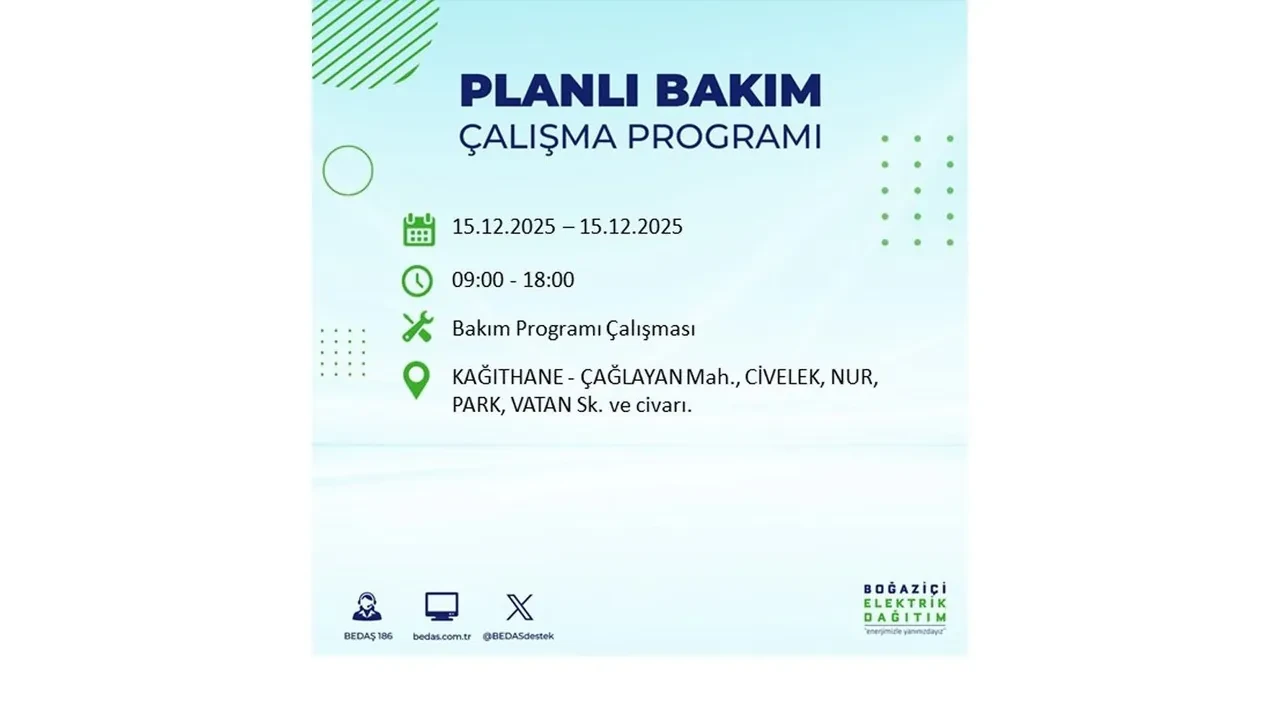 İstanbullular uyarıldı! 15 Aralık Pazartesi günü 19 ilçede elektrik kesintisi yaşanacak: Bazı bölgelerde akşama kadar elektrikler gelmeyecek