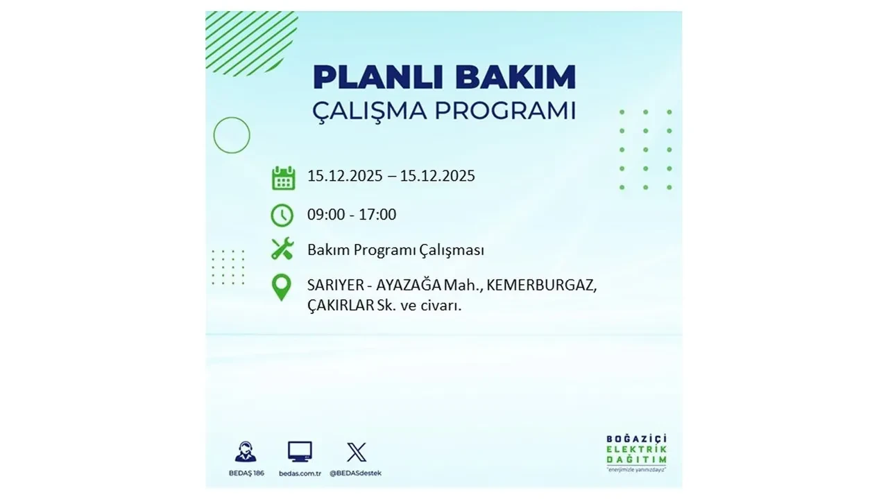 İstanbullular uyarıldı! 15 Aralık Pazartesi günü 19 ilçede elektrik kesintisi yaşanacak: Bazı bölgelerde akşama kadar elektrikler gelmeyecek