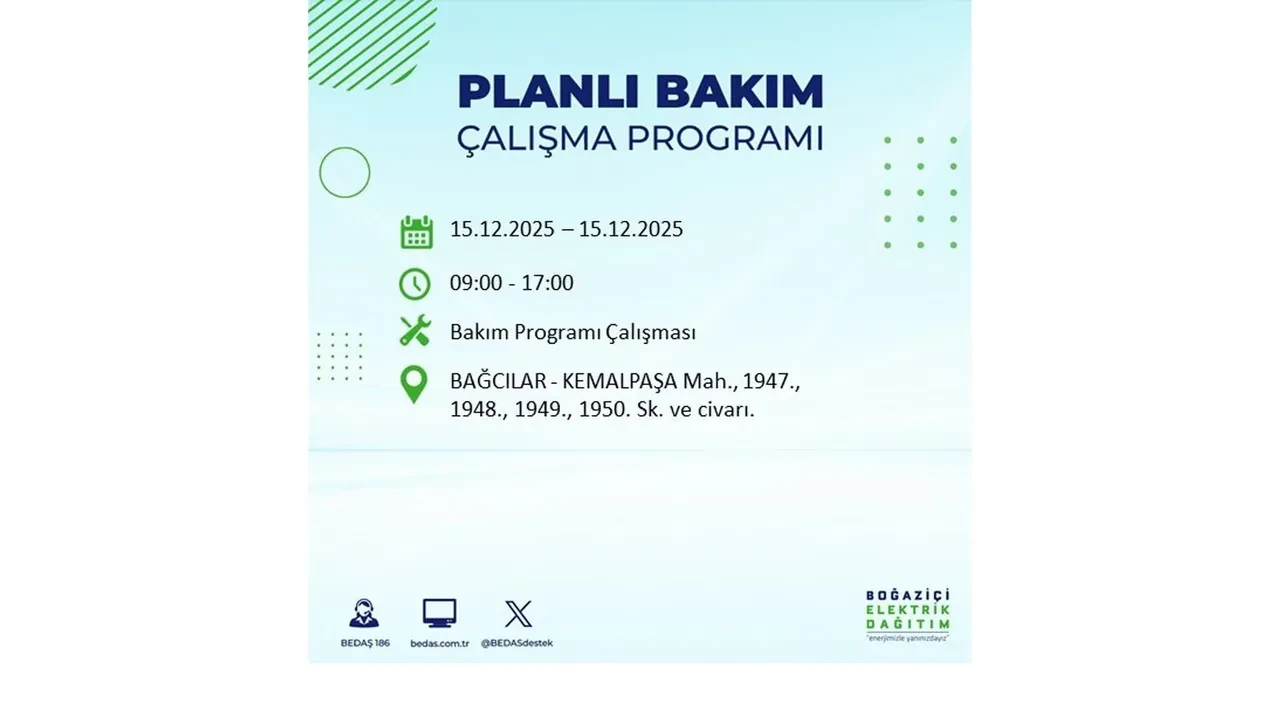 İstanbullular uyarıldı! 15 Aralık Pazartesi günü 19 ilçede elektrik kesintisi yaşanacak: Bazı bölgelerde akşama kadar elektrikler gelmeyecek