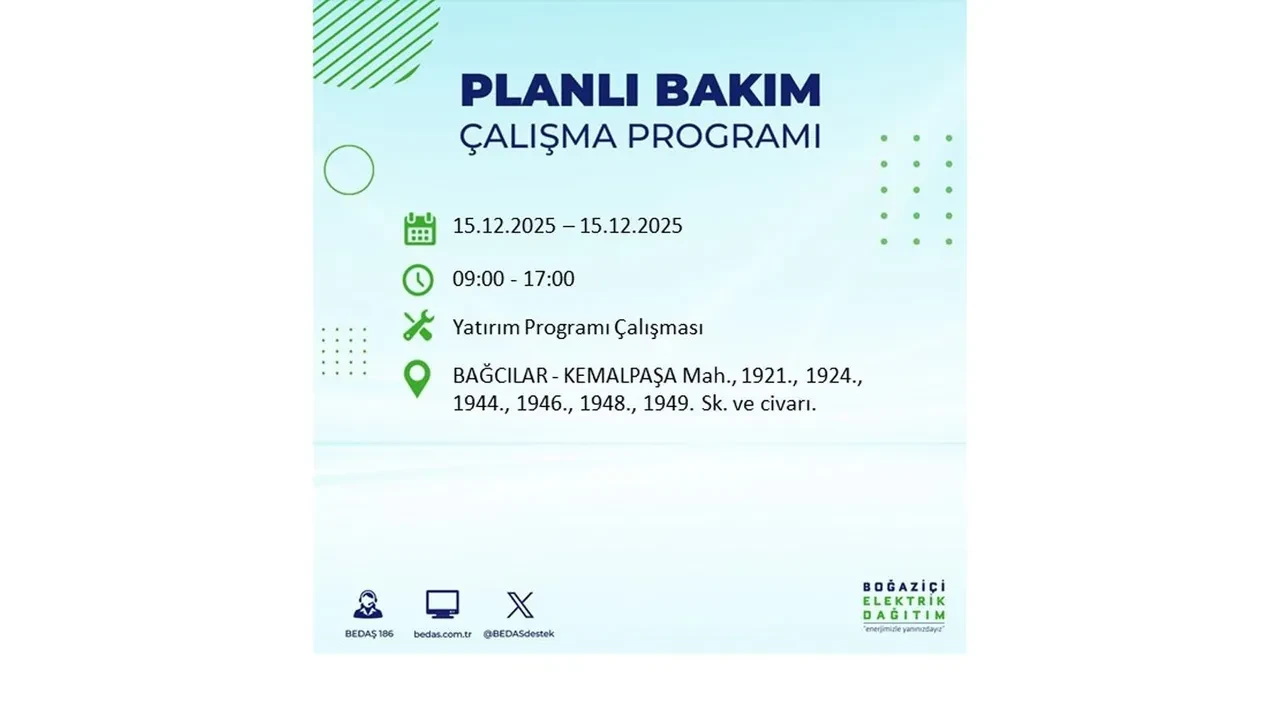 İstanbullular uyarıldı! 15 Aralık Pazartesi günü 19 ilçede elektrik kesintisi yaşanacak: Bazı bölgelerde akşama kadar elektrikler gelmeyecek