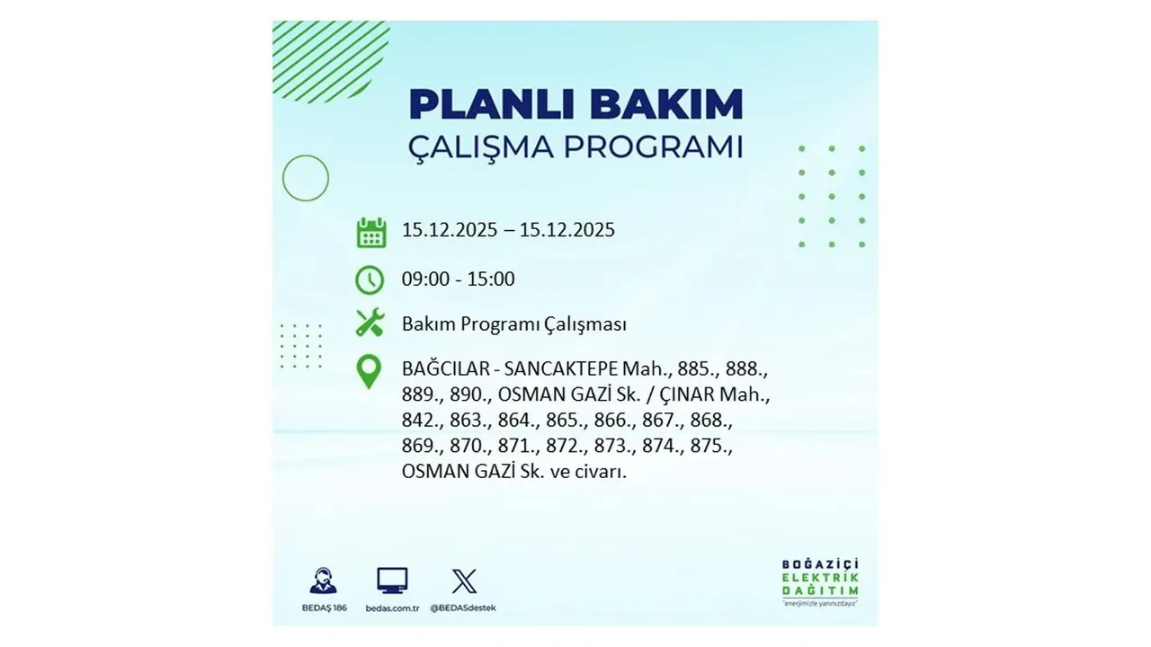 İstanbullular uyarıldı! 15 Aralık Pazartesi günü 19 ilçede elektrik kesintisi yaşanacak: Bazı bölgelerde akşama kadar elektrikler gelmeyecek