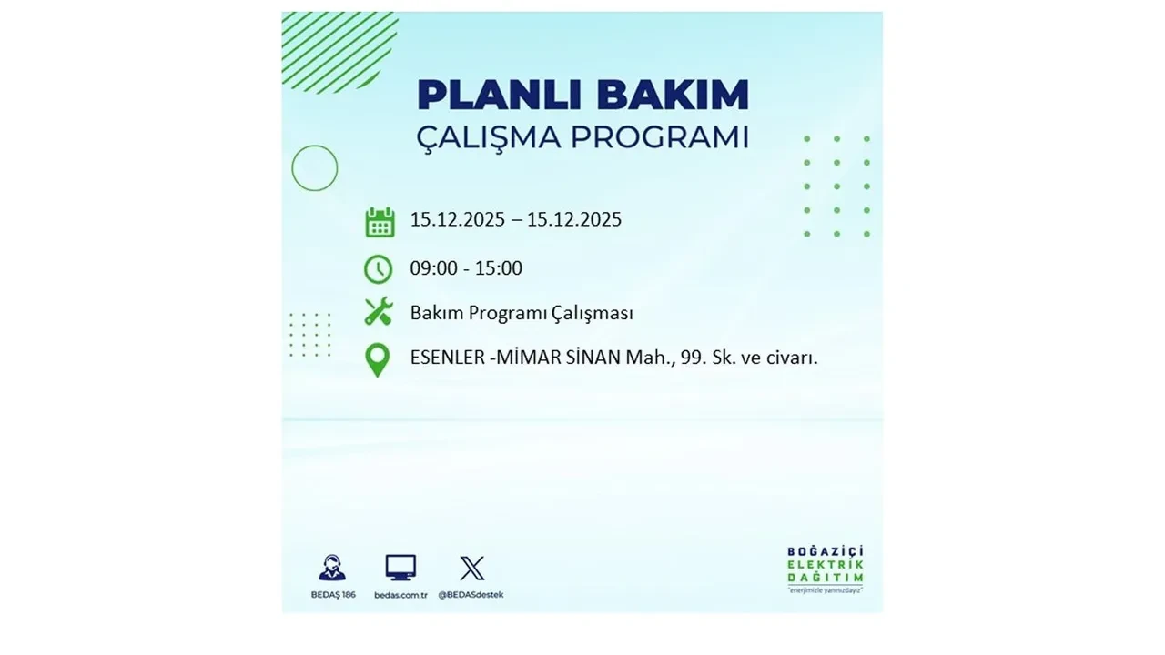 İstanbullular uyarıldı! 15 Aralık Pazartesi günü 19 ilçede elektrik kesintisi yaşanacak: Bazı bölgelerde akşama kadar elektrikler gelmeyecek