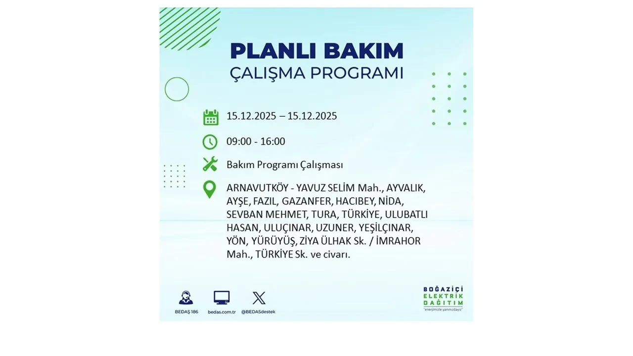 İstanbullular uyarıldı! 15 Aralık Pazartesi günü 19 ilçede elektrik kesintisi yaşanacak: Bazı bölgelerde akşama kadar elektrikler gelmeyecek