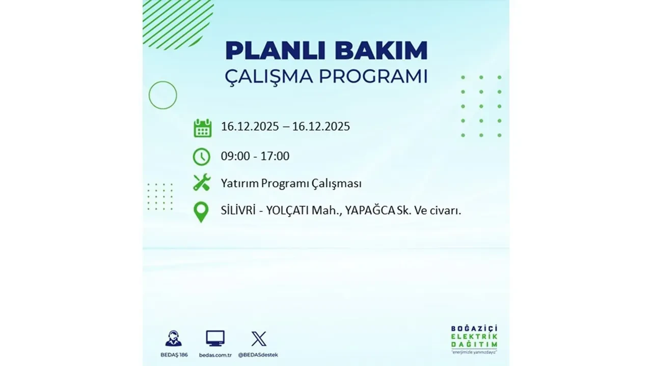 16 Aralık İstanbul elektrik kesintisi listesi yayınlandı! Hazırlıklı olun: Bugün 21 ilçede planlı elektrik kesintisi uygulanacak