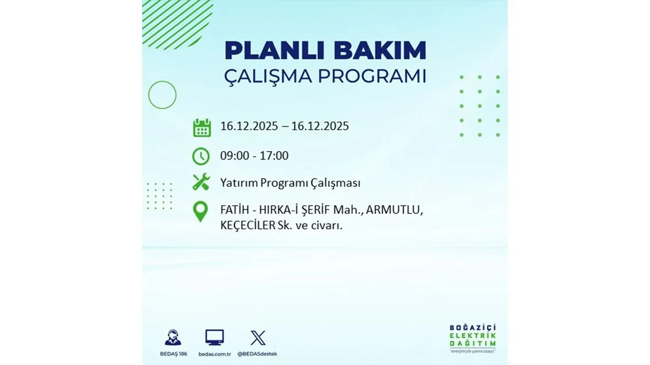 16 Aralık İstanbul elektrik kesintisi listesi yayınlandı! Hazırlıklı olun: Bugün 21 ilçede planlı elektrik kesintisi uygulanacak