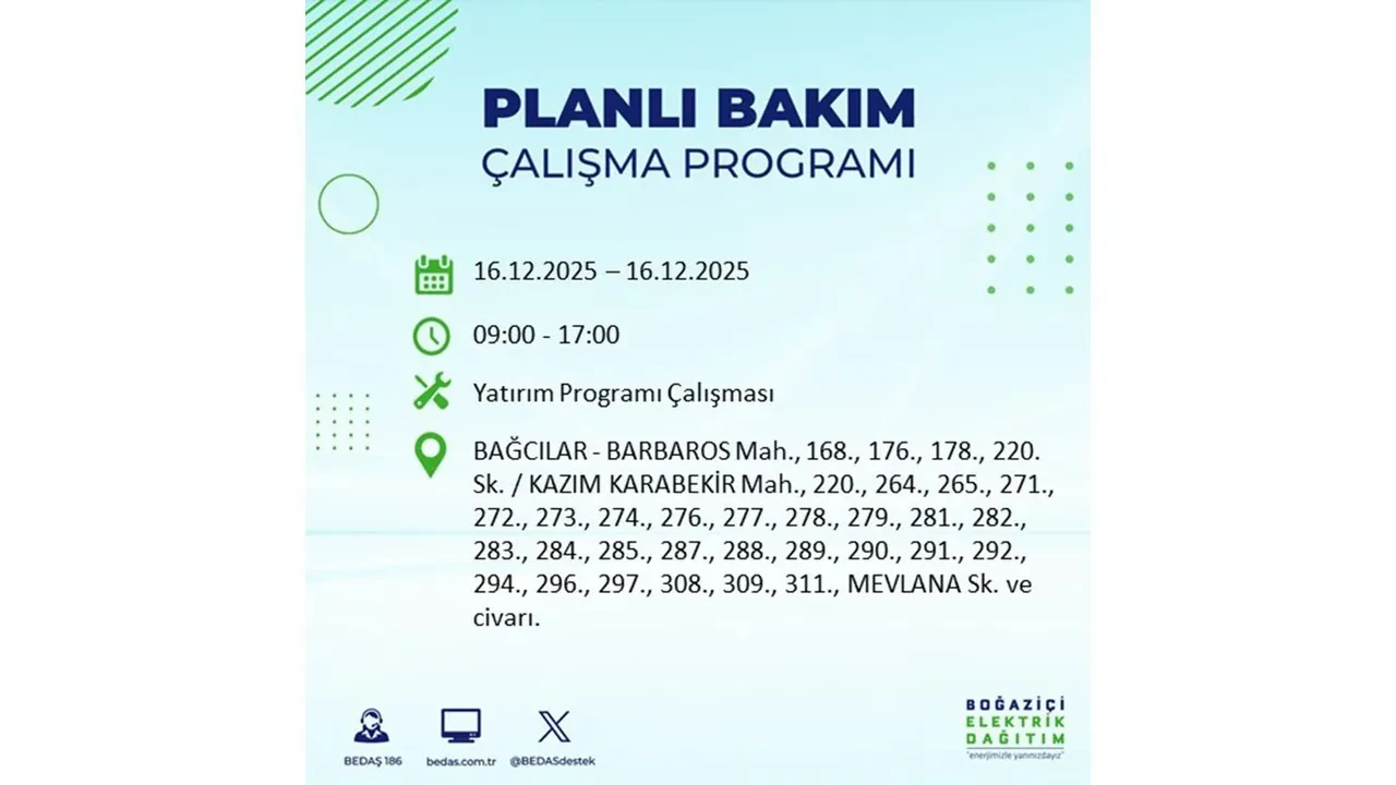 16 Aralık İstanbul elektrik kesintisi listesi yayınlandı! Hazırlıklı olun: Bugün 21 ilçede planlı elektrik kesintisi uygulanacak