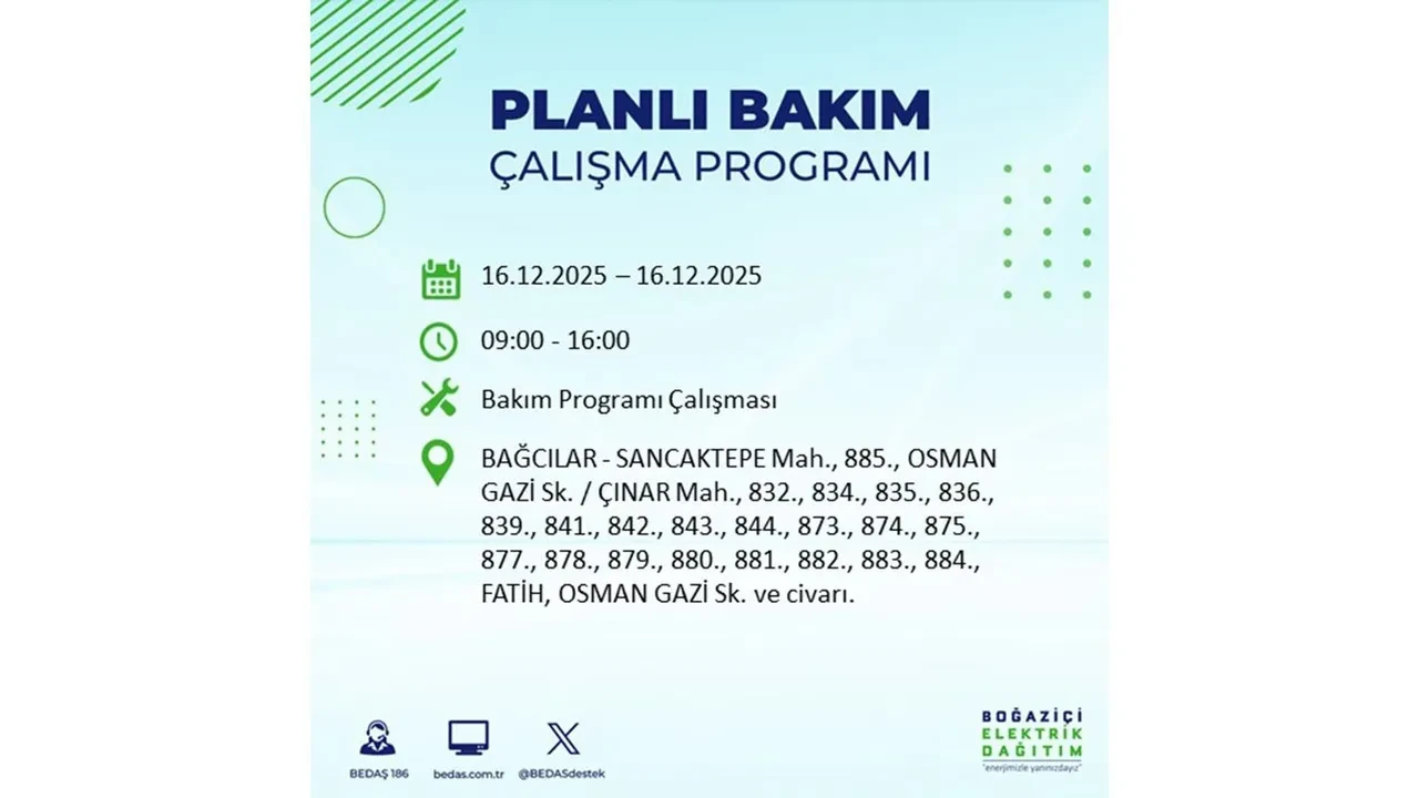 16 Aralık İstanbul elektrik kesintisi listesi yayınlandı! Hazırlıklı olun: Bugün 21 ilçede planlı elektrik kesintisi uygulanacak