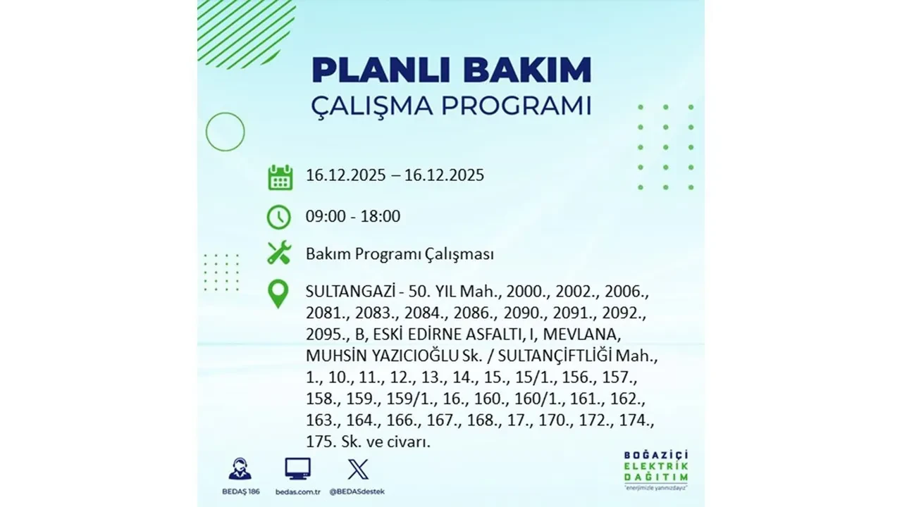 16 Aralık İstanbul elektrik kesintisi listesi yayınlandı! Hazırlıklı olun: Bugün 21 ilçede planlı elektrik kesintisi uygulanacak