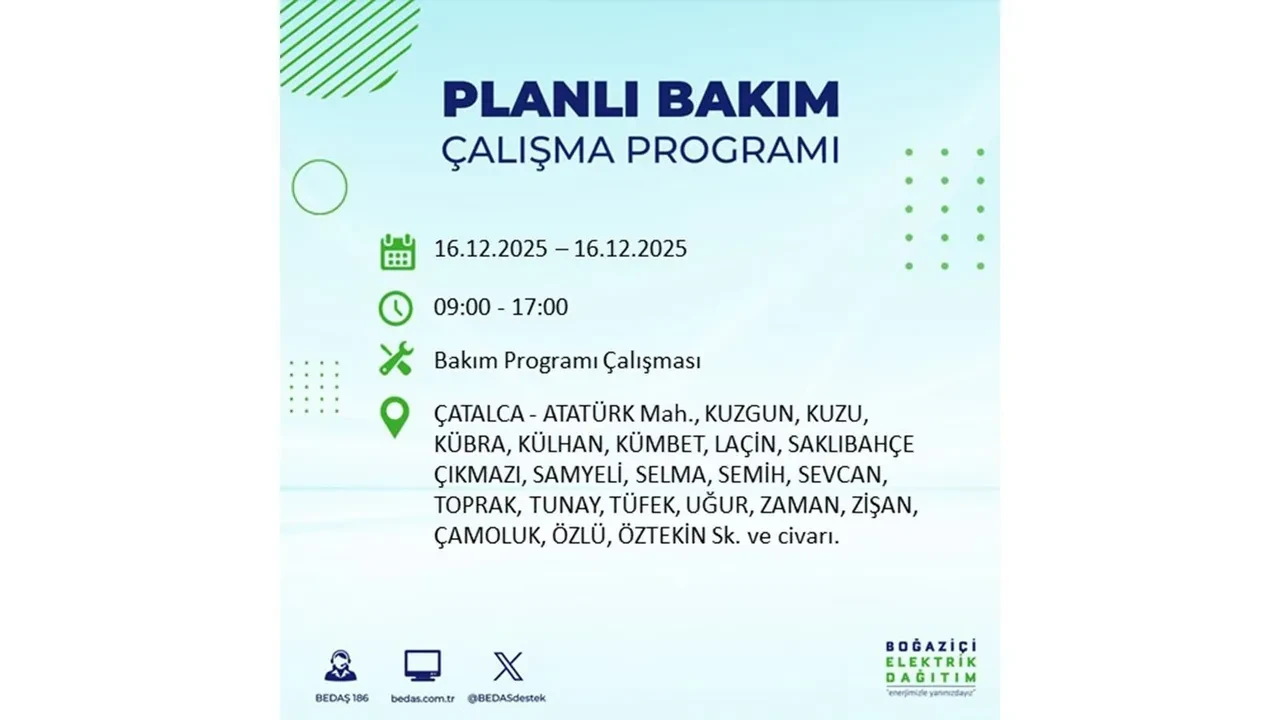 16 Aralık İstanbul elektrik kesintisi listesi yayınlandı! Hazırlıklı olun: Bugün 21 ilçede planlı elektrik kesintisi uygulanacak