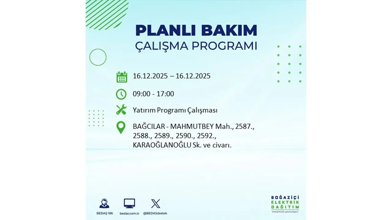 16 Aralık İstanbul elektrik kesintisi listesi yayınlandı! Hazırlıklı olun: Bugün 21 ilçede planlı elektrik kesintisi uygulanacak