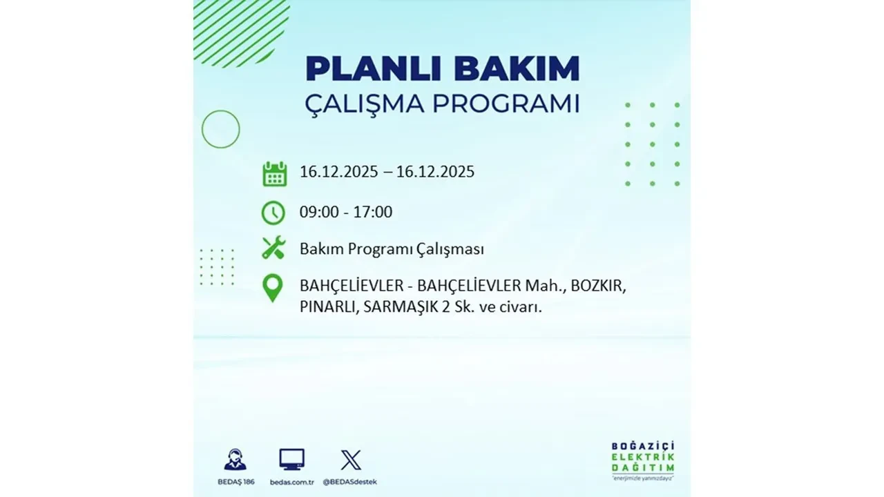 16 Aralık İstanbul elektrik kesintisi listesi yayınlandı! Hazırlıklı olun: Bugün 21 ilçede planlı elektrik kesintisi uygulanacak