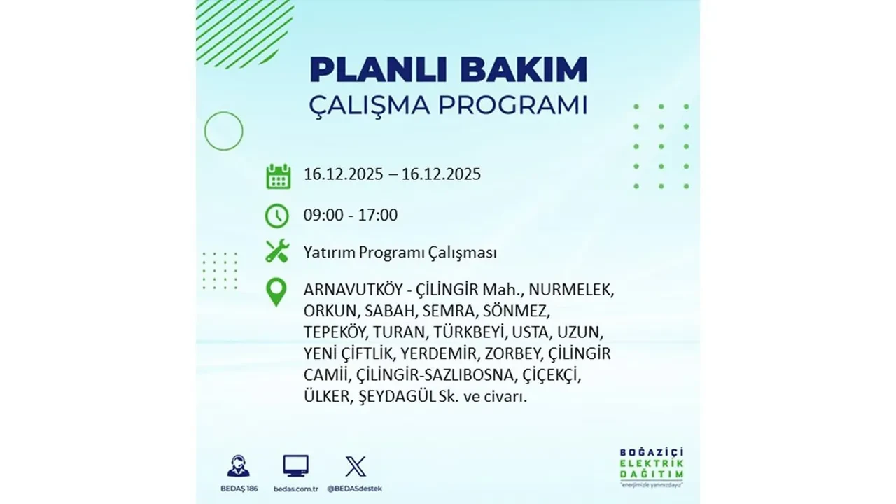 16 Aralık İstanbul elektrik kesintisi listesi yayınlandı! Hazırlıklı olun: Bugün 21 ilçede planlı elektrik kesintisi uygulanacak