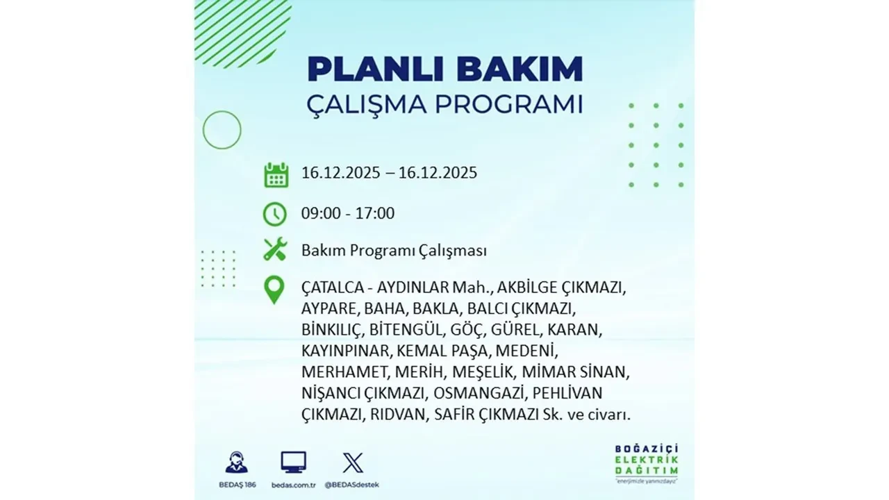 16 Aralık İstanbul elektrik kesintisi listesi yayınlandı! Hazırlıklı olun: Bugün 21 ilçede planlı elektrik kesintisi uygulanacak