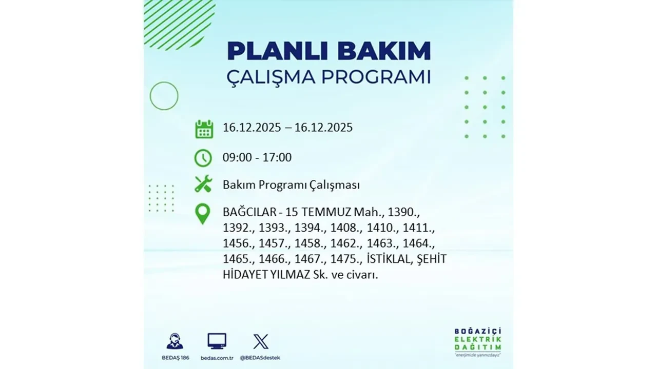16 Aralık İstanbul elektrik kesintisi listesi yayınlandı! Hazırlıklı olun: Bugün 21 ilçede planlı elektrik kesintisi uygulanacak