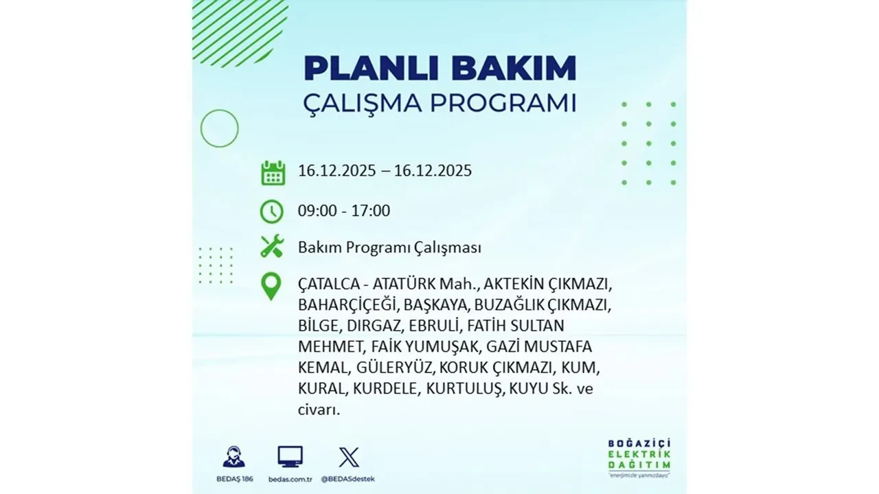 16 Aralık İstanbul elektrik kesintisi listesi yayınlandı! Hazırlıklı olun: Bugün 21 ilçede planlı elektrik kesintisi uygulanacak
