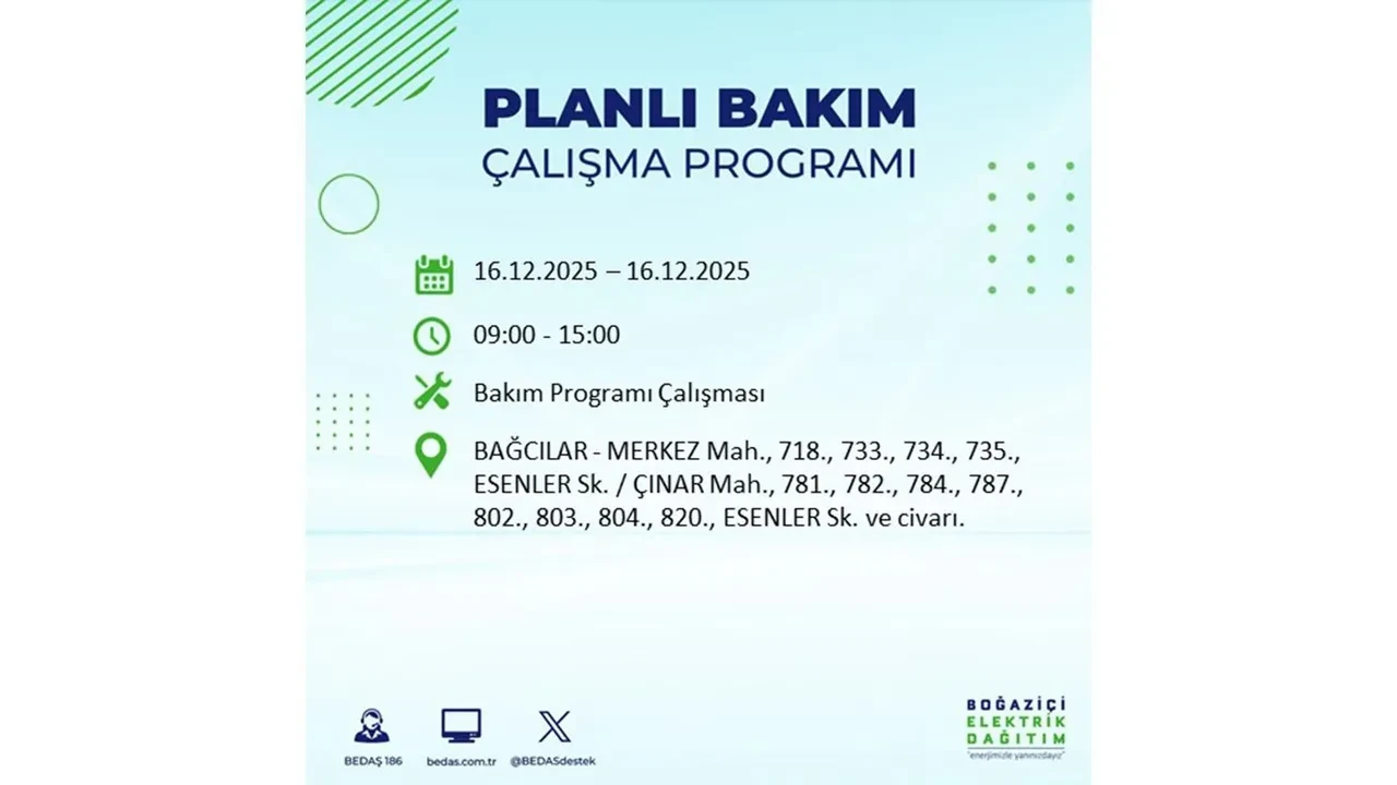 16 Aralık İstanbul elektrik kesintisi listesi yayınlandı! Hazırlıklı olun: Bugün 21 ilçede planlı elektrik kesintisi uygulanacak