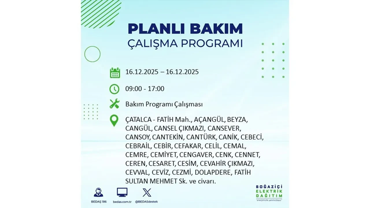 16 Aralık İstanbul elektrik kesintisi listesi yayınlandı! Hazırlıklı olun: Bugün 21 ilçede planlı elektrik kesintisi uygulanacak