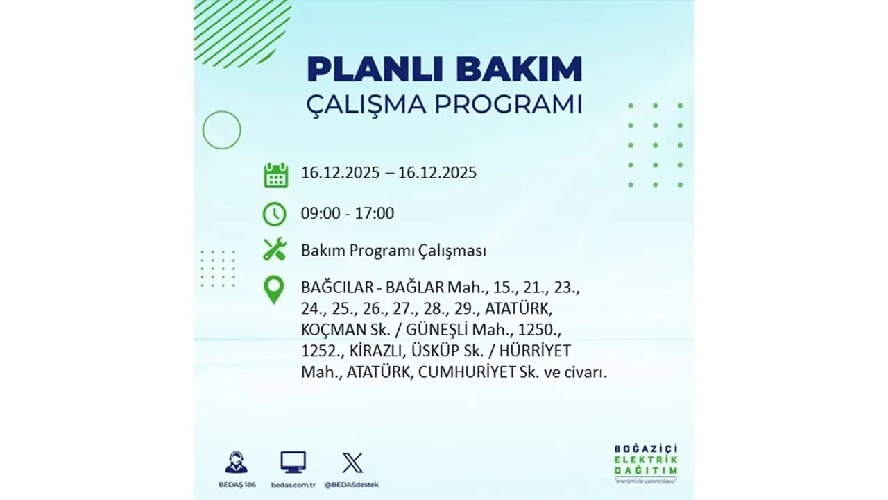 16 Aralık İstanbul elektrik kesintisi listesi yayınlandı! Hazırlıklı olun: Bugün 21 ilçede planlı elektrik kesintisi uygulanacak