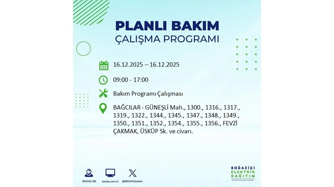 16 Aralık İstanbul elektrik kesintisi listesi yayınlandı! Hazırlıklı olun: Bugün 21 ilçede planlı elektrik kesintisi uygulanacak