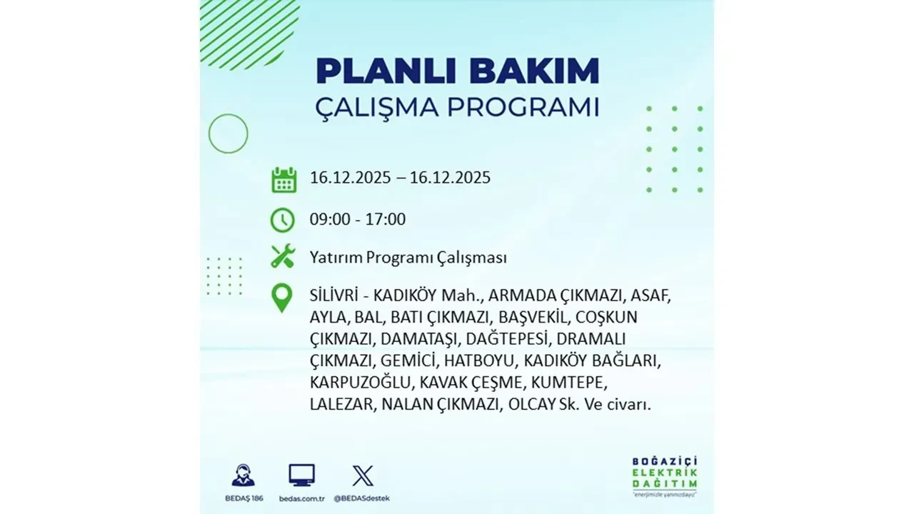 16 Aralık İstanbul elektrik kesintisi listesi yayınlandı! Hazırlıklı olun: Bugün 21 ilçede planlı elektrik kesintisi uygulanacak