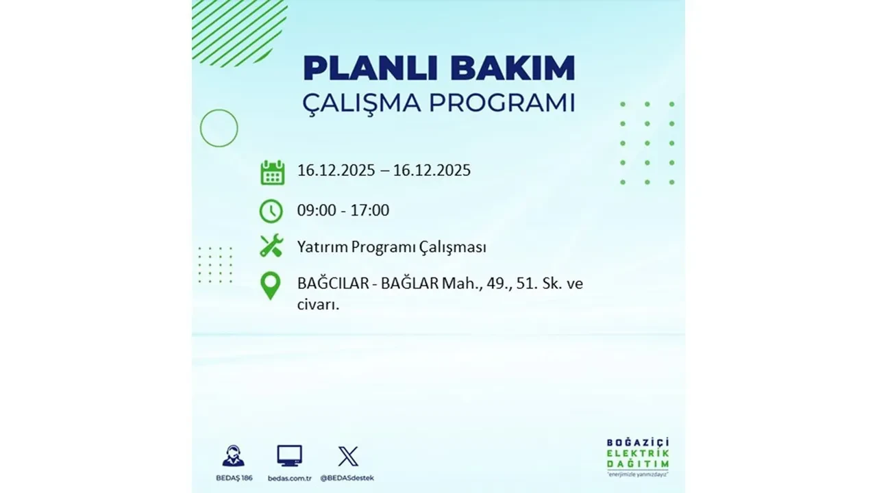 16 Aralık İstanbul elektrik kesintisi listesi yayınlandı! Hazırlıklı olun: Bugün 21 ilçede planlı elektrik kesintisi uygulanacak