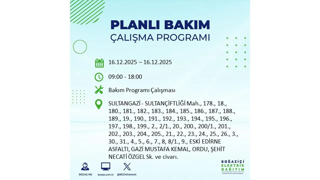16 Aralık İstanbul elektrik kesintisi listesi yayınlandı! Hazırlıklı olun: Bugün 21 ilçede planlı elektrik kesintisi uygulanacak