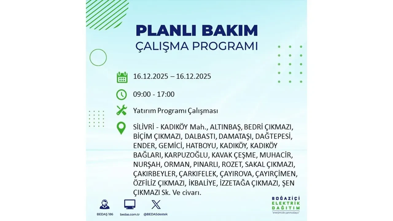 16 Aralık İstanbul elektrik kesintisi listesi yayınlandı! Hazırlıklı olun: Bugün 21 ilçede planlı elektrik kesintisi uygulanacak