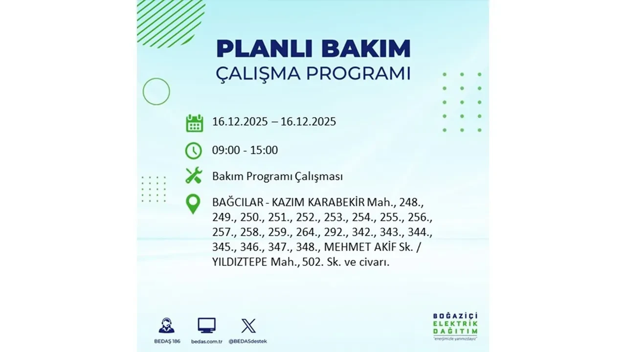 16 Aralık İstanbul elektrik kesintisi listesi yayınlandı! Hazırlıklı olun: Bugün 21 ilçede planlı elektrik kesintisi uygulanacak