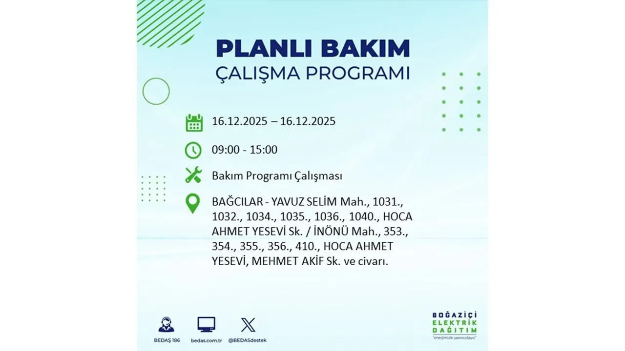 16 Aralık İstanbul elektrik kesintisi listesi yayınlandı! Hazırlıklı olun: Bugün 21 ilçede planlı elektrik kesintisi uygulanacak
