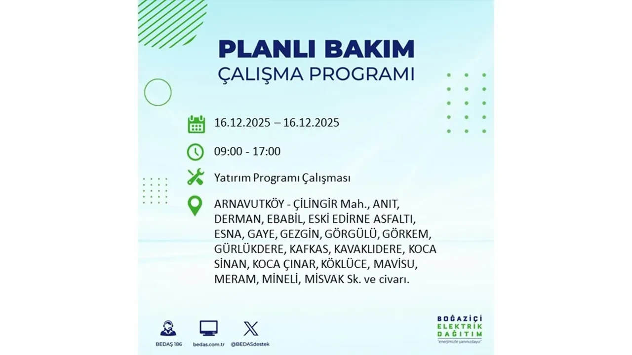 16 Aralık İstanbul elektrik kesintisi listesi yayınlandı! Hazırlıklı olun: Bugün 21 ilçede planlı elektrik kesintisi uygulanacak