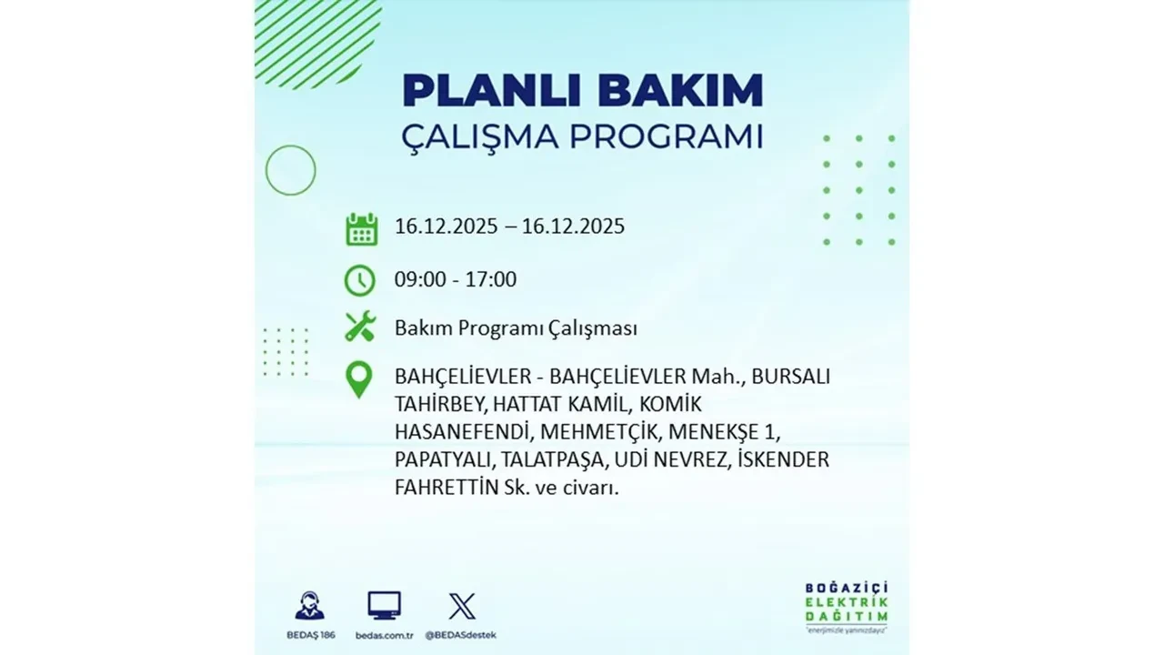 16 Aralık İstanbul elektrik kesintisi listesi yayınlandı! Hazırlıklı olun: Bugün 21 ilçede planlı elektrik kesintisi uygulanacak