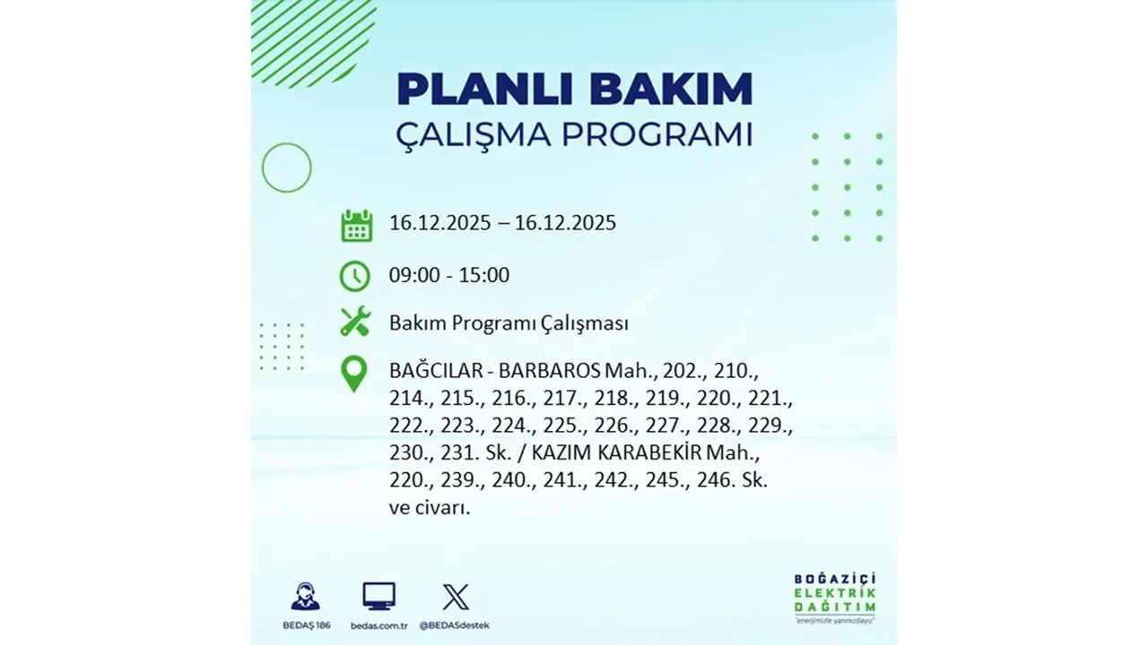 16 Aralık İstanbul elektrik kesintisi listesi yayınlandı! Hazırlıklı olun: Bugün 21 ilçede planlı elektrik kesintisi uygulanacak