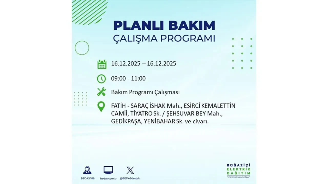 16 Aralık İstanbul elektrik kesintisi listesi yayınlandı! Hazırlıklı olun: Bugün 21 ilçede planlı elektrik kesintisi uygulanacak