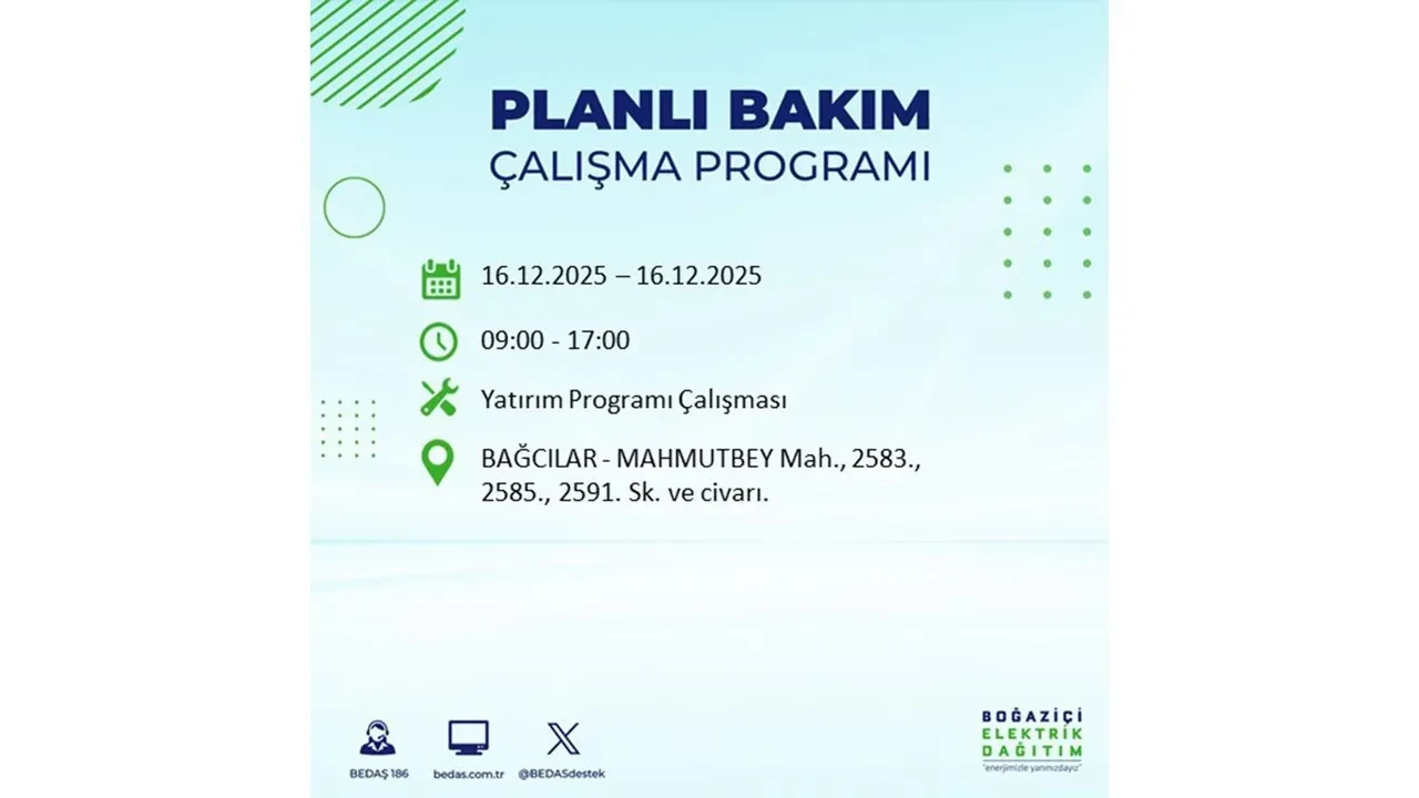 16 Aralık İstanbul elektrik kesintisi listesi yayınlandı! Hazırlıklı olun: Bugün 21 ilçede planlı elektrik kesintisi uygulanacak